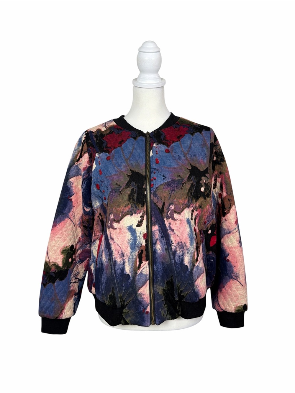 Clotheshead Abstract Floral Bomber Jacket Black Purple Pink Zip Up Cotton Jacket